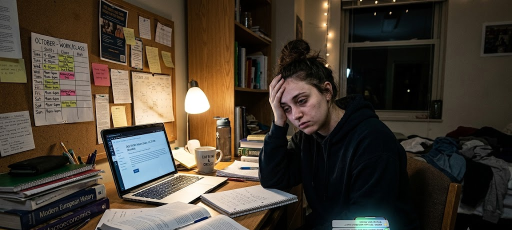 A stressed student overwhelmed with school work, part-time job schedule, and social life responsibilities while studying at a desk at night