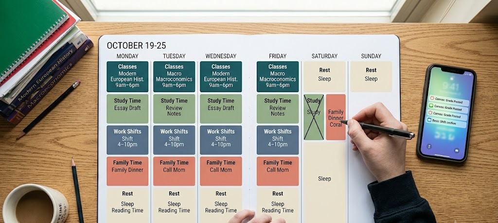 A neatly organized weekly planner showing color-coded study, work, and rest schedules for student time management