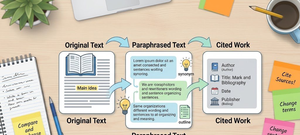Visual comparison of original text, paraphrased version, and properly cited academic writing process