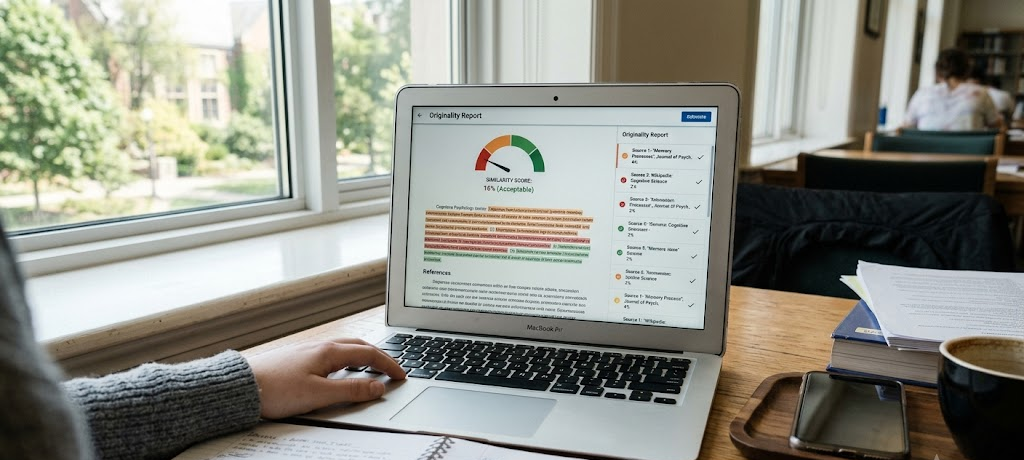 Student reviewing a plagiarism similarity report on a laptop before submitting academic work