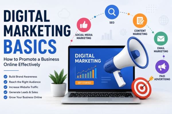 Digital Marketing Basics illustration showing SEO, social media marketing, content marketing, email marketing, and paid advertising to promote a business online effectively.