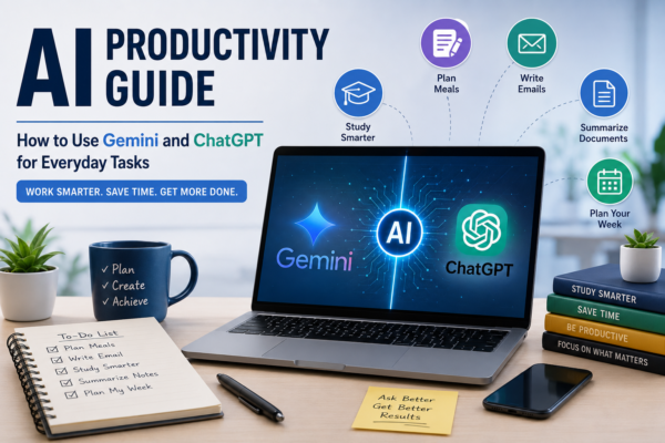 AI Productivity Guide illustration showing Gemini and ChatGPT helping users with meal planning, studying, email writing, document summarization, and everyday productivity tasks.