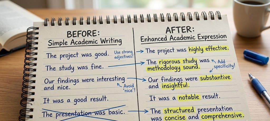 Before and after comparison of student writing showing improvement from basic sentences to more academic English structure
