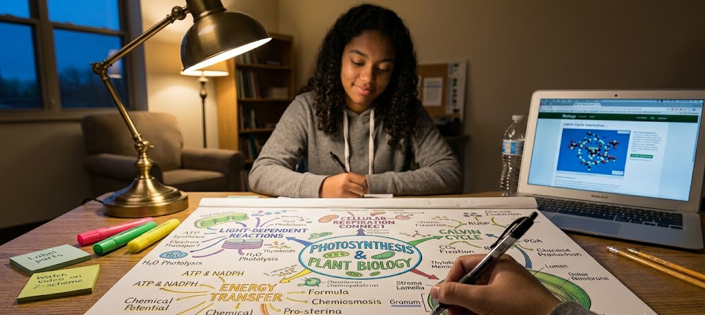 Student reviewing organized notes and textbooks while studying at night