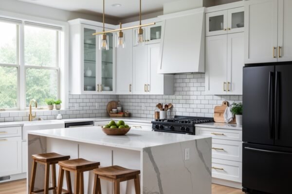Modern kitchen remodel with white shaker cabinets, quartz waterfall island countertop, and brass pendant lighting showing cost breakdown overlay