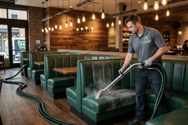 Professional upholstery cleaner working on vinyl restaurant booth seating in a Seattle restaurant dining room, hot water extraction equipment visible, booth cushions showing before and after cleaning result