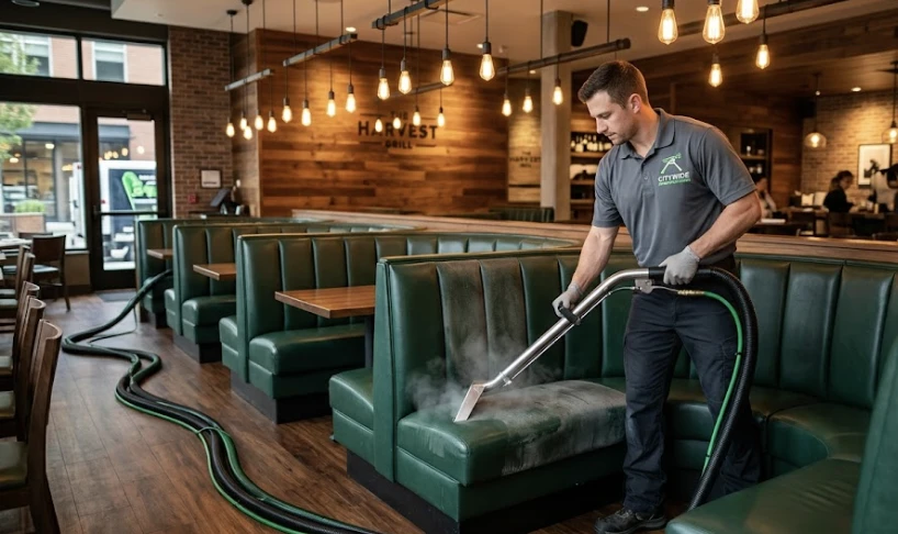 What Seattle Restaurant Owners Actually Lose When Booth Upholstery Goes Uncleaned 1 Professional upholstery cleaner working on vinyl restaurant booth seating in a Seattle restaurant dining room, hot water extraction equipment visible, booth cushions showing before and after cleaning result