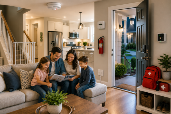 Home Safety Tips with smoke detector, fire extinguisher, secure front door, and protected family inside a modern home