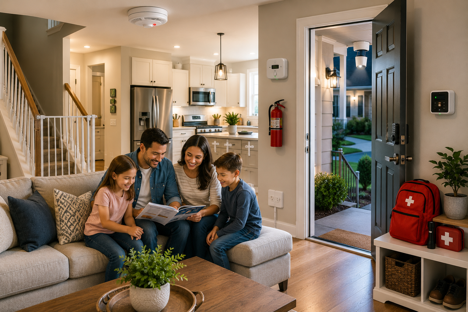 Home Safety Tips with smoke detector, fire extinguisher, secure front door, and protected family inside a modern home