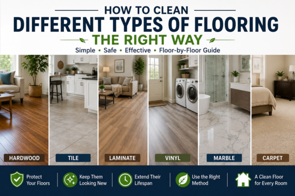 Floor Cleaning guide showing hardwood, tile, laminate, vinyl, marble, and carpet flooring in a modern home
