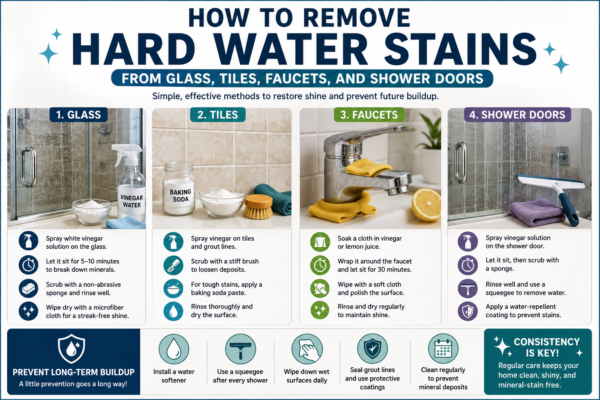 Hard Water Stains Removal using vinegar and baking soda on glass, tiles, faucets, and shower doors