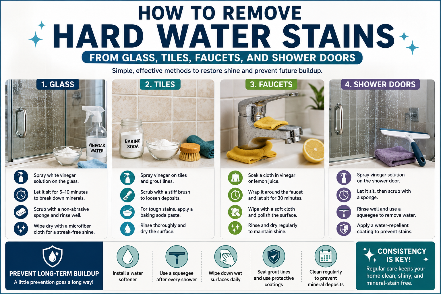 Hard Water Stains Removal using vinegar and baking soda on glass, tiles, faucets, and shower doors