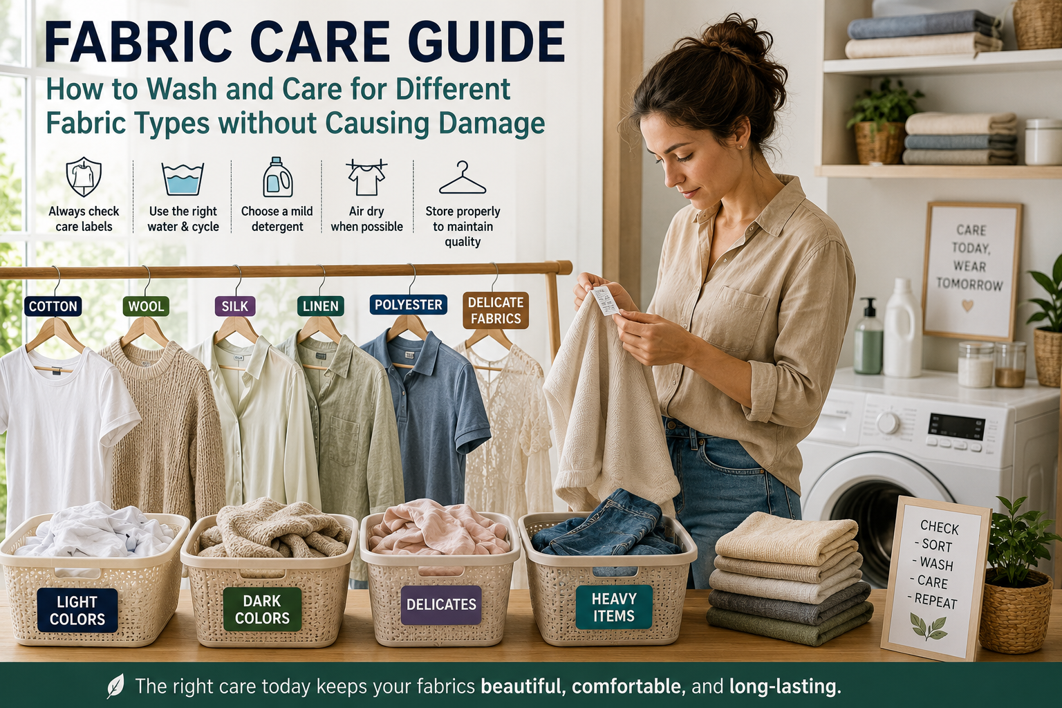 Fabric Care Guide showing different fabric types being sorted for safe washing and care
