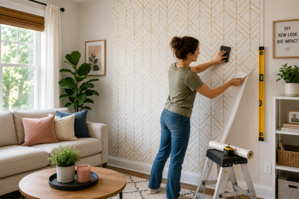 Peel-and-Stick Wallpaper Installation on a modern living room accent wall