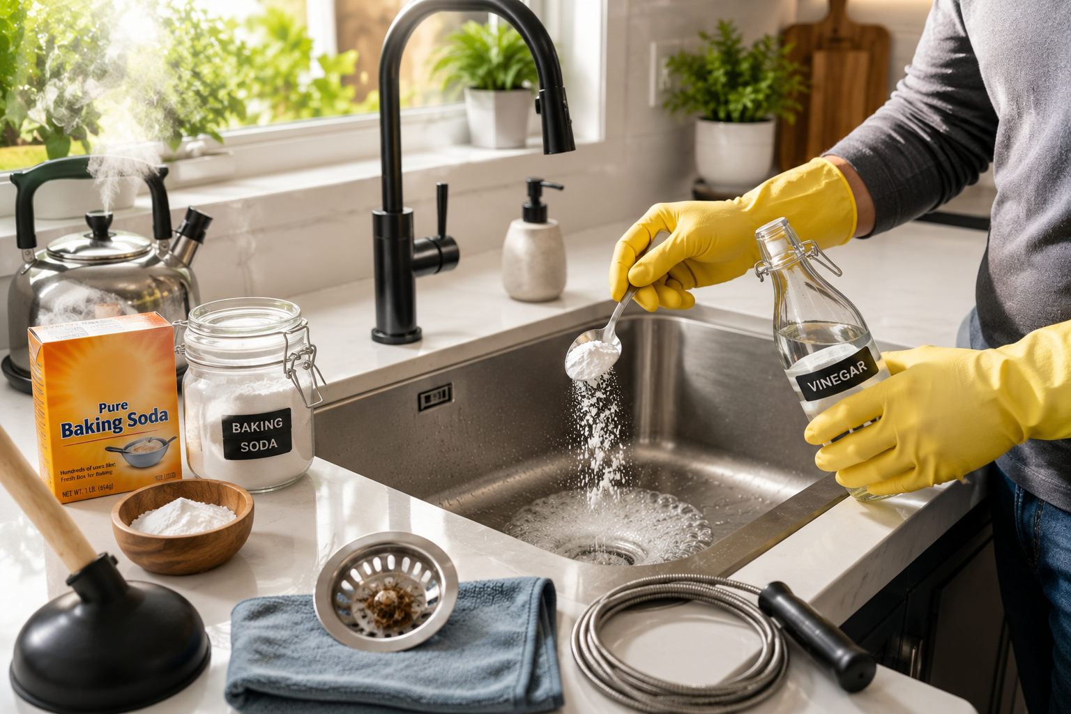 Unclog a Drain at Home using safe natural methods to protect plumbing pipes and prevent damage