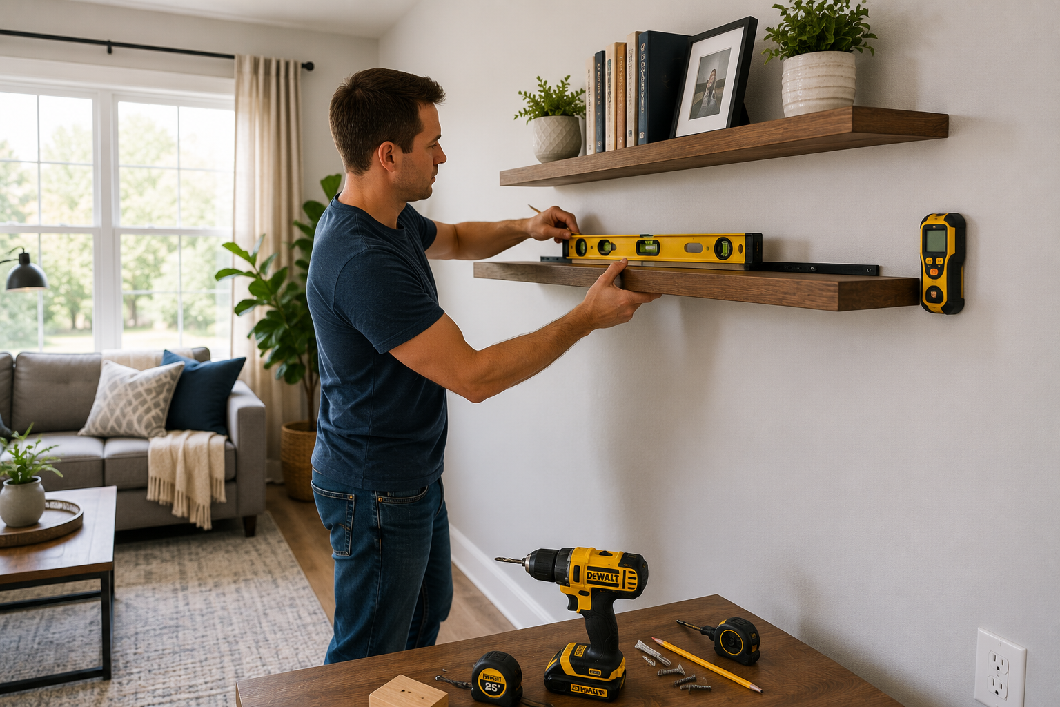 Installing Floating Shelves Safely and Securely in a modern living room using proper tools and wall studs.