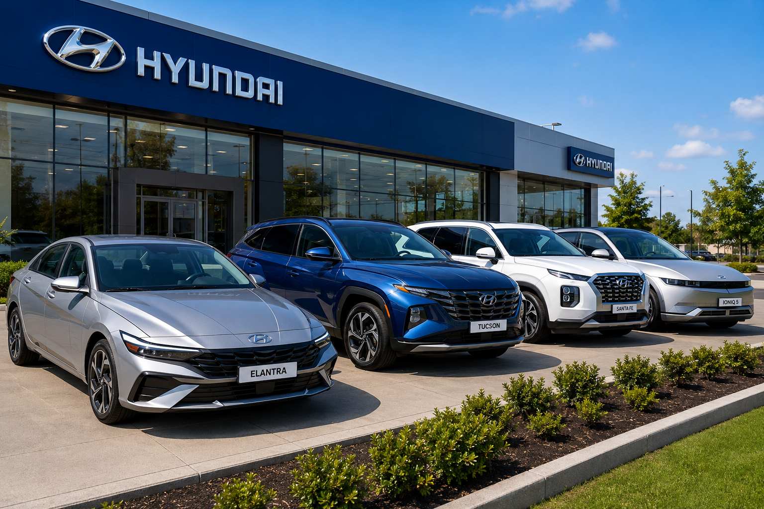 Hyundai Cars lineup featuring the Elantra, Tucson, Santa Fe, and Ioniq 5 outside a modern dealership.