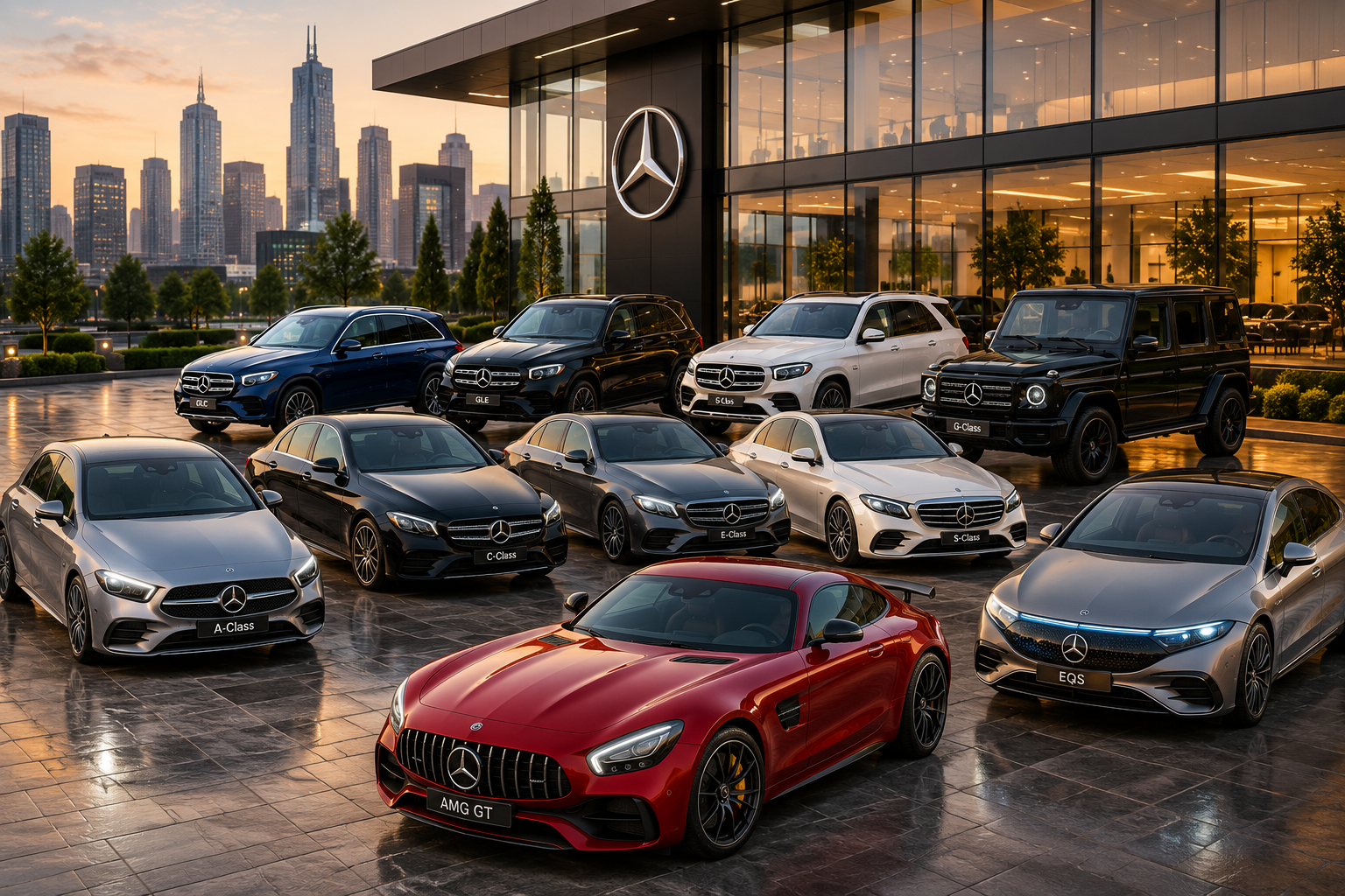 Mercedes-Benz vehicle classes showcasing luxury sedans, SUVs, and electric models in a premium automotive lineup