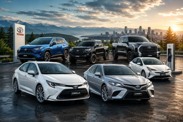 Toyota car guide featuring the latest Toyota Corolla, RAV4, Camry, Tacoma, Prius, and Tundra models displayed together.