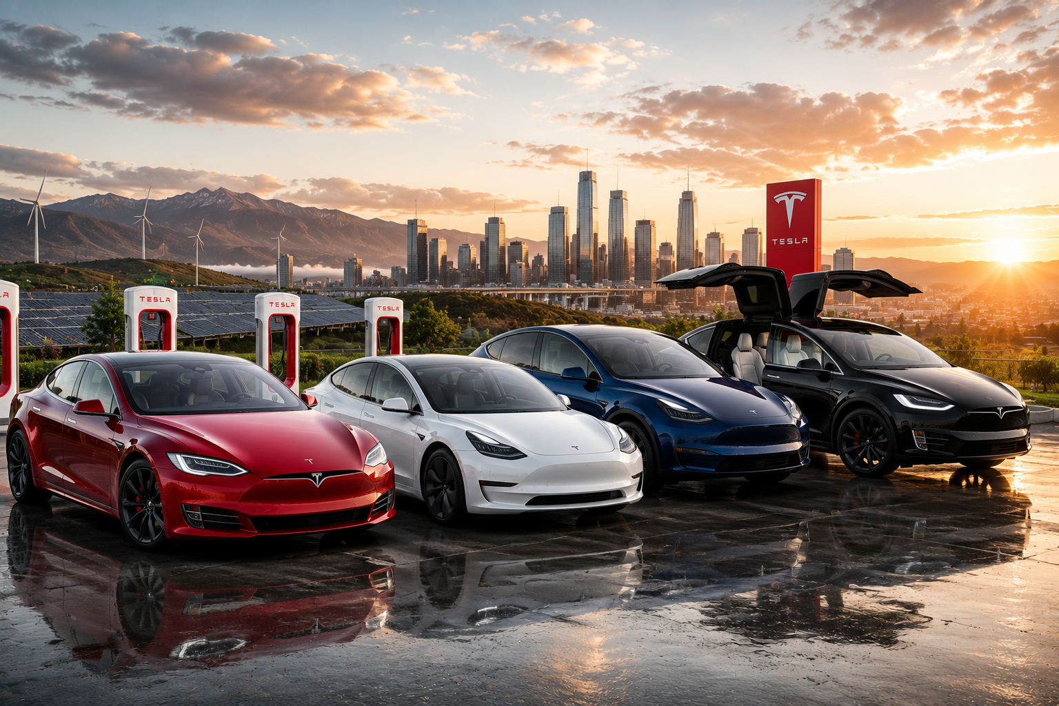 Tesla Cars Explained: Electric Vehicle Technology, Features, Charging, and Ownership Guide 4 Tesla electric vehicles lineup featuring Model S, Model 3, Model X, and Model Y at sunset.