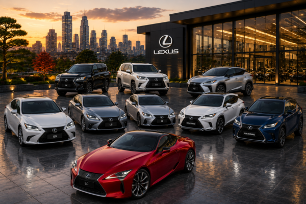 Lexus luxury vehicles showcasing premium sedans SUVs and hybrid models in a modern dealership
