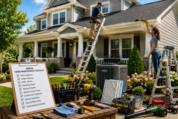 Home Maintenance Checklist showing a homeowner inspecting roofing, gutters, windows, HVAC, and exterior maintenance around a modern home