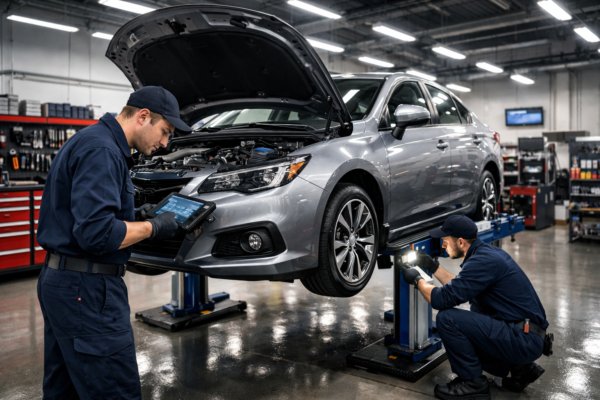 Car maintenance guide showing a professional mechanic servicing a modern sedan inside a clean auto repair workshop.