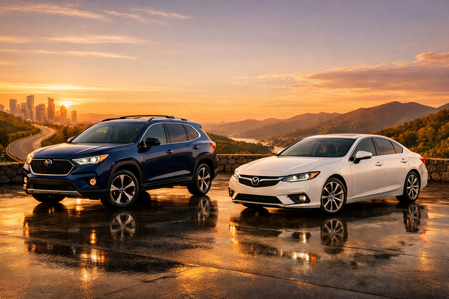 SUV vs sedan comparison featuring a modern SUV and luxury sedan parked side by side.