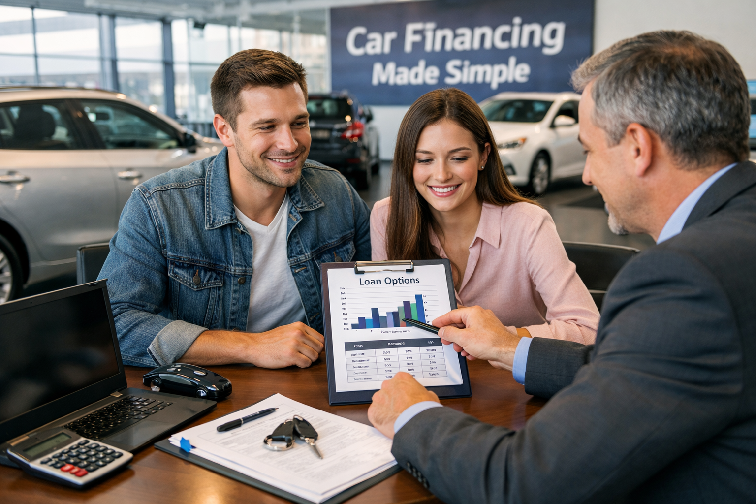 Complete Guide to Car Financing: Loans, Interest Rates, and Smart Repayment Strategies 4 Featured image showing auto financing options explained in a dealership with advisor and couple reviewing loan terms.