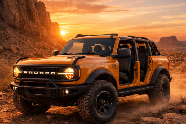 Ford Bronco lineup Wildtrak with Sasquatch Package on rocky desert trail at sunset