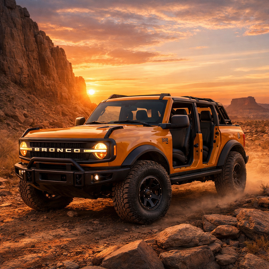 Ford Bronco lineup Wildtrak with Sasquatch Package on rocky desert trail at sunset