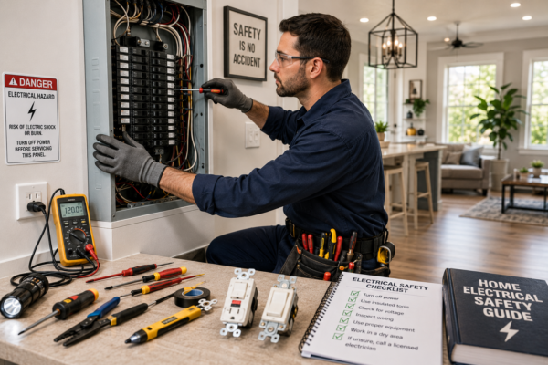 Common Electrical Problems in a modern home with a licensed electrician safely inspecting outlets, circuit breakers, switches, and electrical wiring