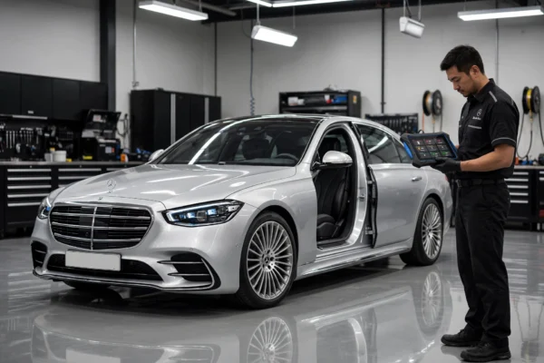 Featured image showing a silver Mercedes-Benz being diagnosed for Mercedes-Benz Common Problems and Fixes in a luxury repair shop