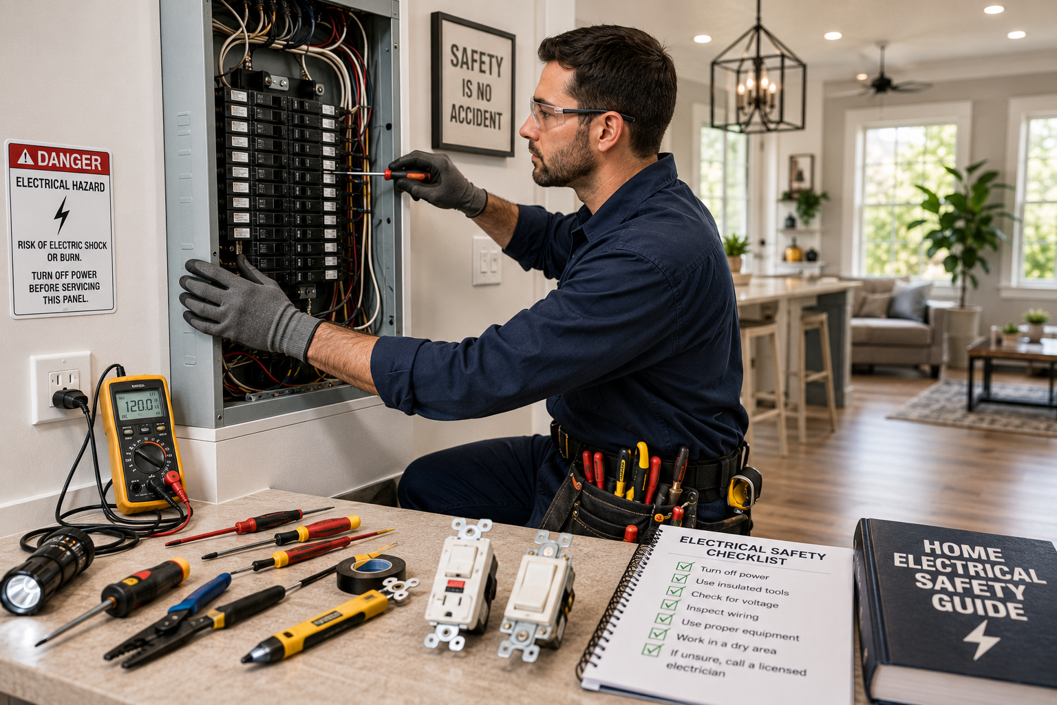 Common Electrical Problems at Home and How to Fix Them Safely 4 Common Electrical Problems in a modern home with a licensed electrician safely inspecting outlets, circuit breakers, switches, and electrical wiring