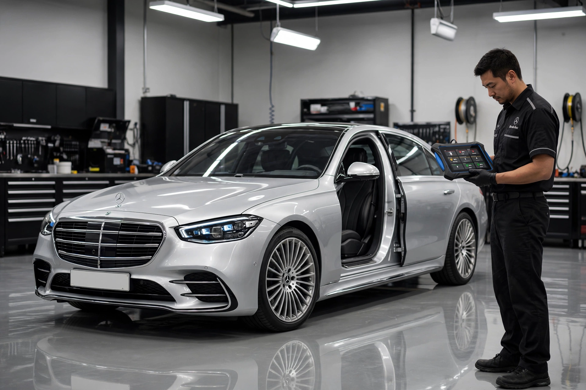 Mercedes-Benz Common Problems and How to Fix Them: Long-Term Reliability Report 4 Featured image showing a silver Mercedes-Benz being diagnosed for Mercedes-Benz Common Problems and Fixes in a luxury repair shop