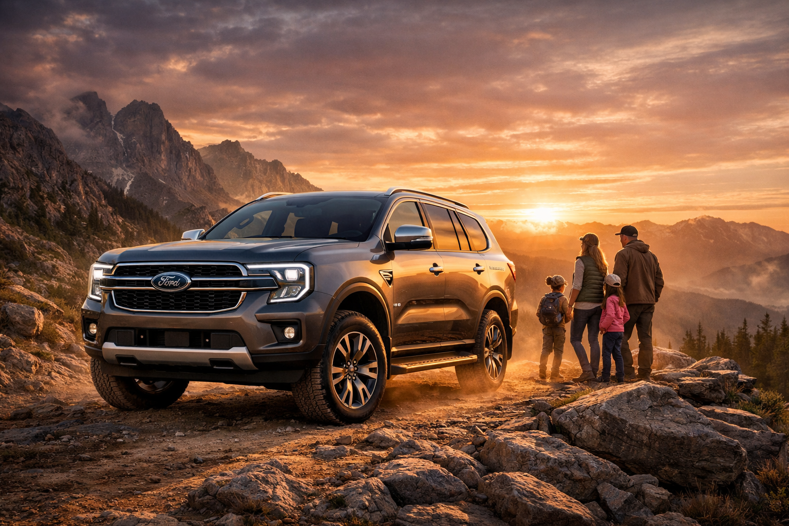 Ford Everest lineup Titanium SUV on rocky trail at sunset showcasing rugged design and family comfort