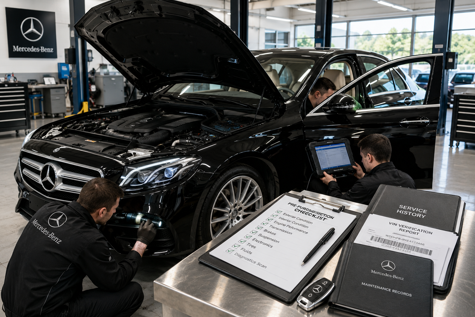 Used Mercedes-Benz Buying Guide showing a luxury sedan during a professional pre-purchase inspection