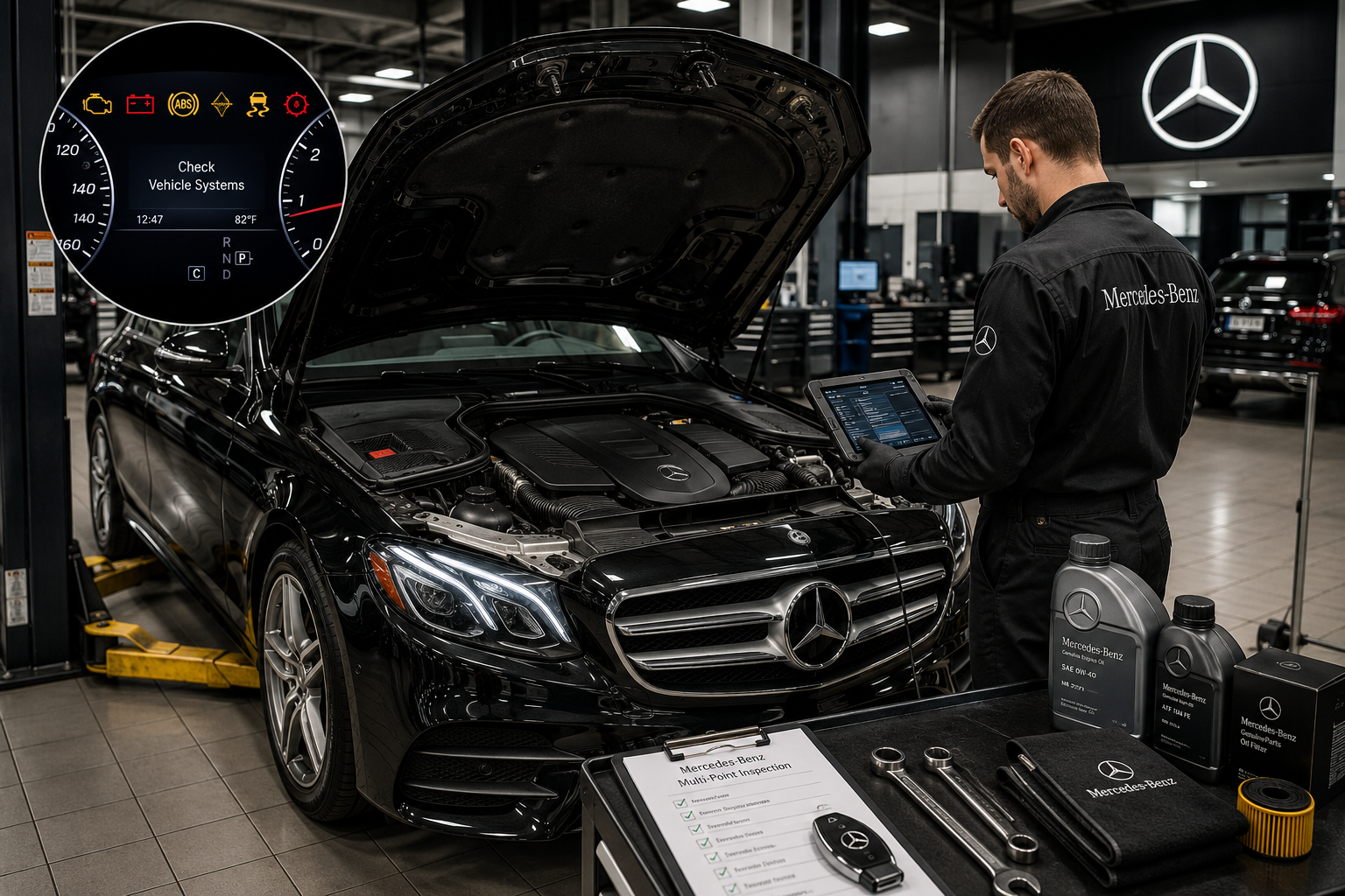 Mercedes-Benz Common Problems shown on a luxury sedan undergoing professional diagnostic inspection