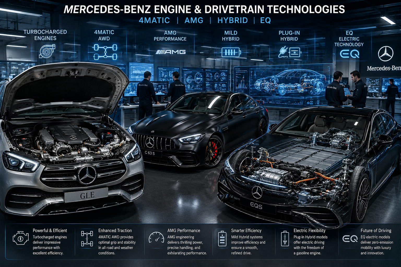 Mercedes-Benz Engine and Drivetrain Guide: 4MATIC, AMG, Hybrid, and EQ Technology 5 4MATIC AWD Mercedes-Benz engine and drivetrain technology with AMG, Hybrid, and EQ powertrains