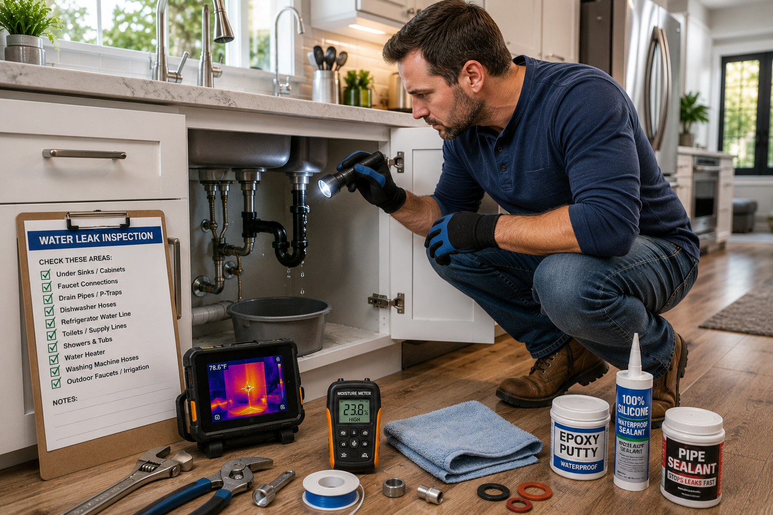 How to Detect and Fix Water Leaks Before They Cause Major Damage 3 Detect and Fix Water Leaks by inspecting plumbing, ceilings, and kitchen pipes in a modern home