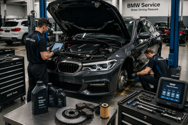 BMW Maintenance Costs guide showing a luxury BMW sedan being serviced in a modern workshop