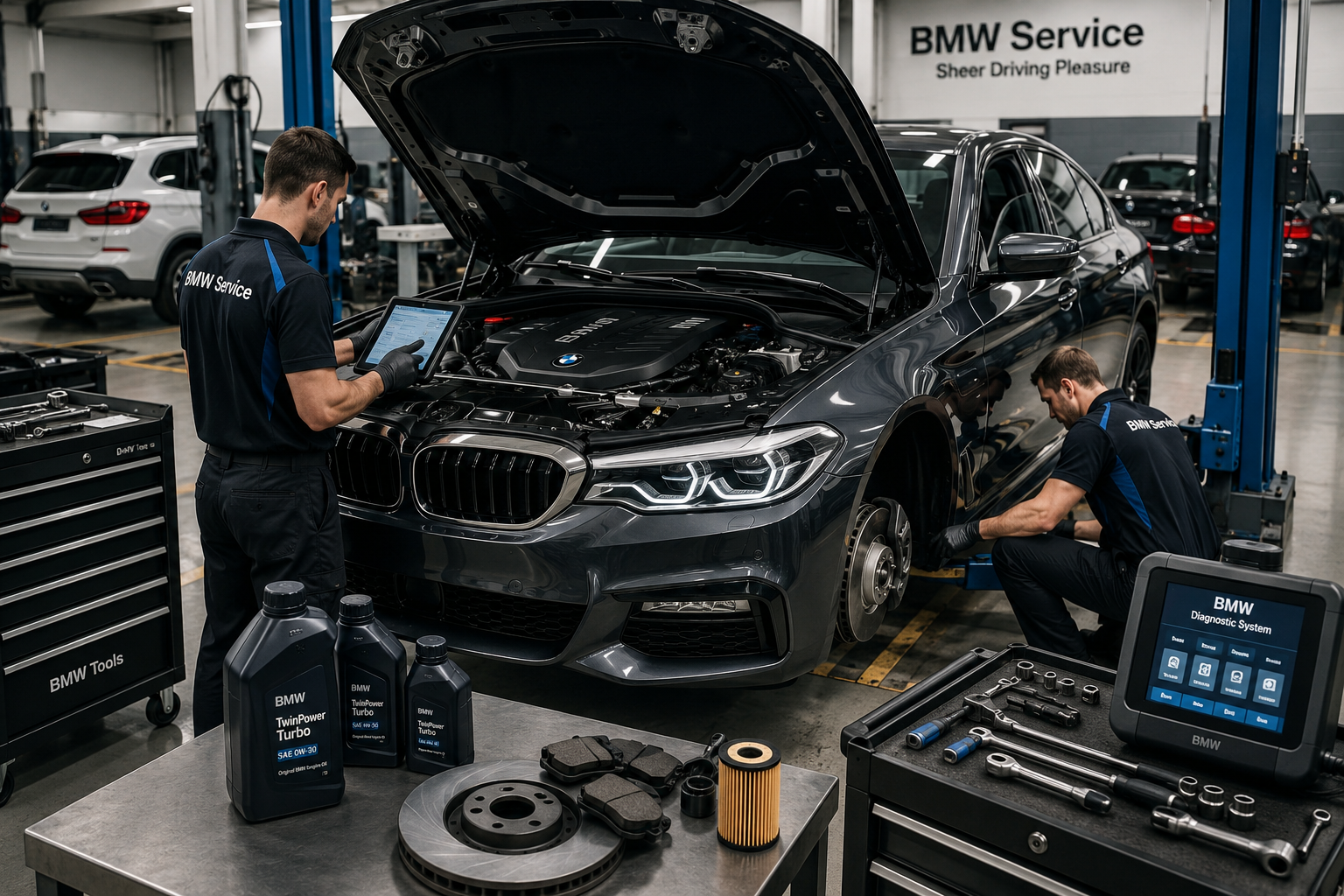 BMW Maintenance Costs Explained: Real Annual Cost, Service Schedule, and How to Save Money 1 BMW Maintenance Costs guide showing a luxury BMW sedan being serviced in a modern workshop