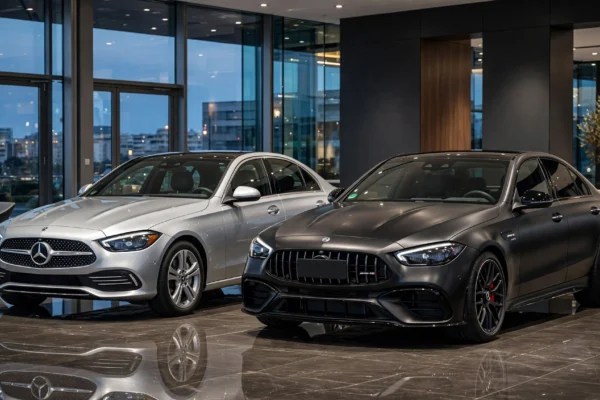 AMG vs regular Mercedes comparison with Iridium Silver regular Mercedes-Benz C-Class and matte black Mercedes-AMG C63 S with Panamericana grille in luxury showroom