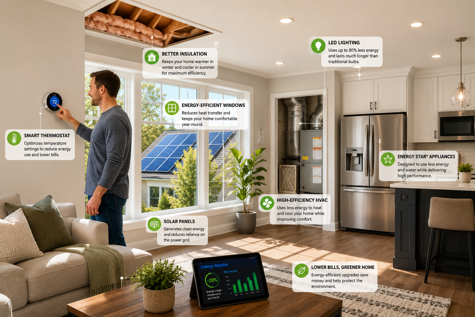 Home Energy Efficiency upgrades including insulation, LED lighting, and smart thermostat in a modern house