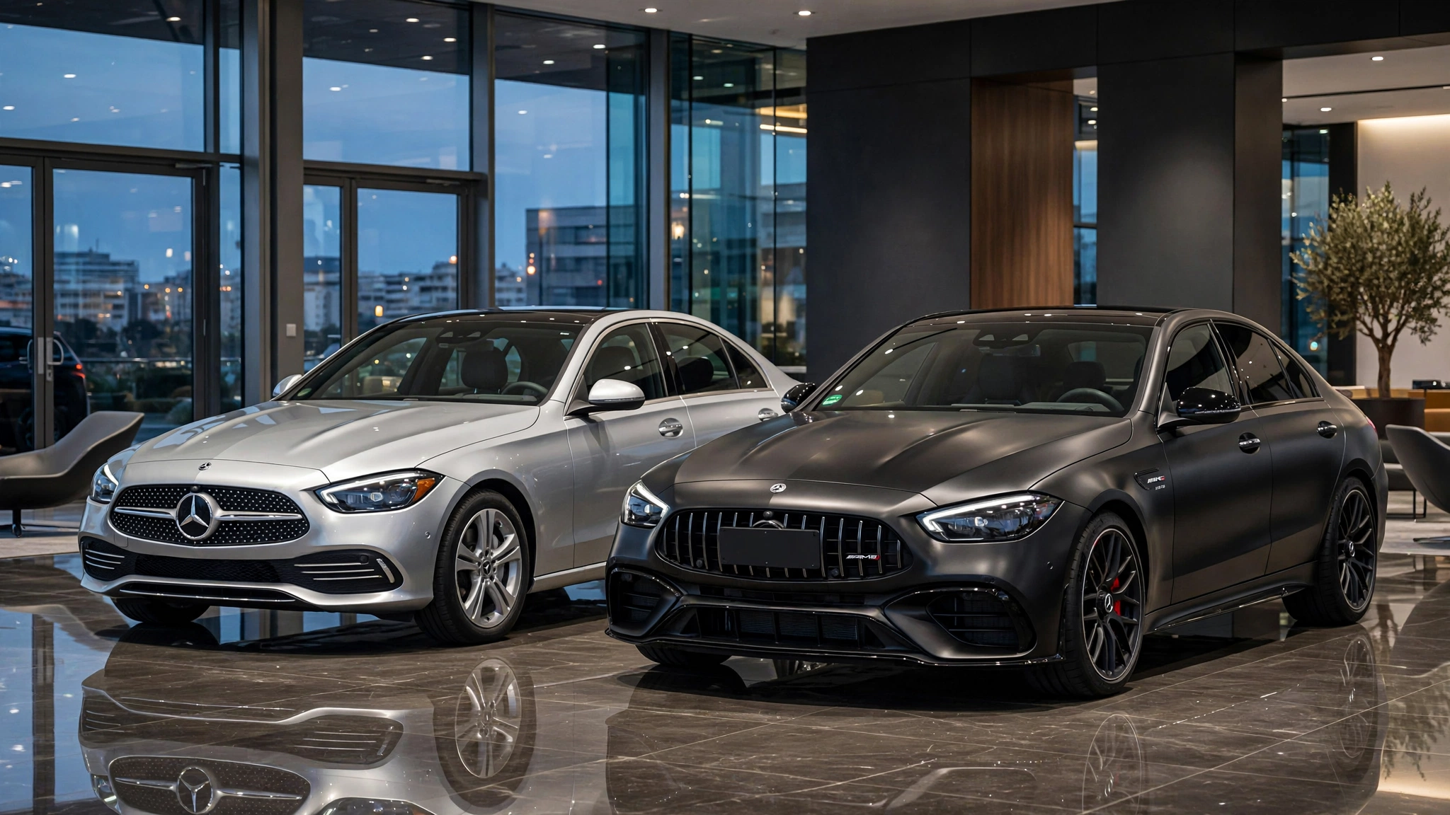 Mercedes-Benz AMG vs Regular Models: Is AMG Worth the Extra Cost? 2 AMG vs regular Mercedes comparison with Iridium Silver regular Mercedes-Benz C-Class and matte black Mercedes-AMG C63 S with Panamericana grille in luxury showroom