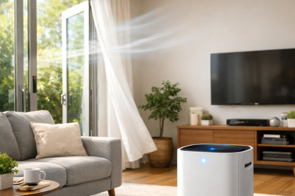Indoor Air Quality Improvement in a modern living room with ventilation methods and air purifier