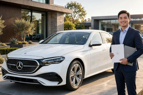 Mercedes-Benz ownership guide with new white Mercedes-Benz E-Class and owner holding factory warranty booklet