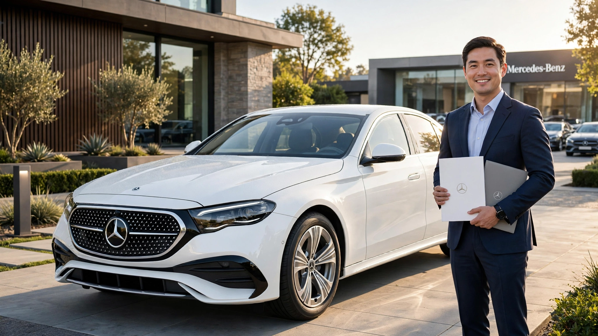 Mercedes-Benz ownership guide with new white Mercedes-Benz E-Class and owner holding factory warranty booklet