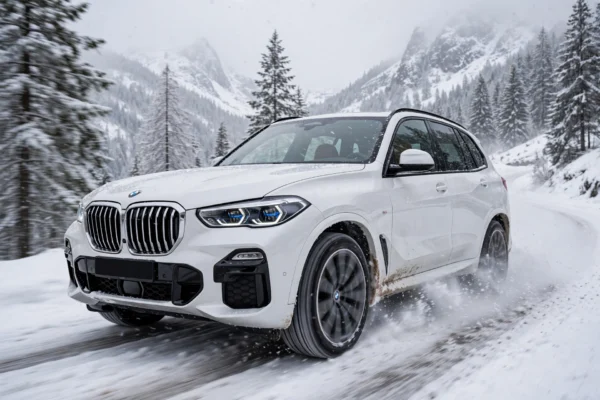 BMW xDrive Explained with a white BMW X5 xDrive driving confidently on a snowy mountain road