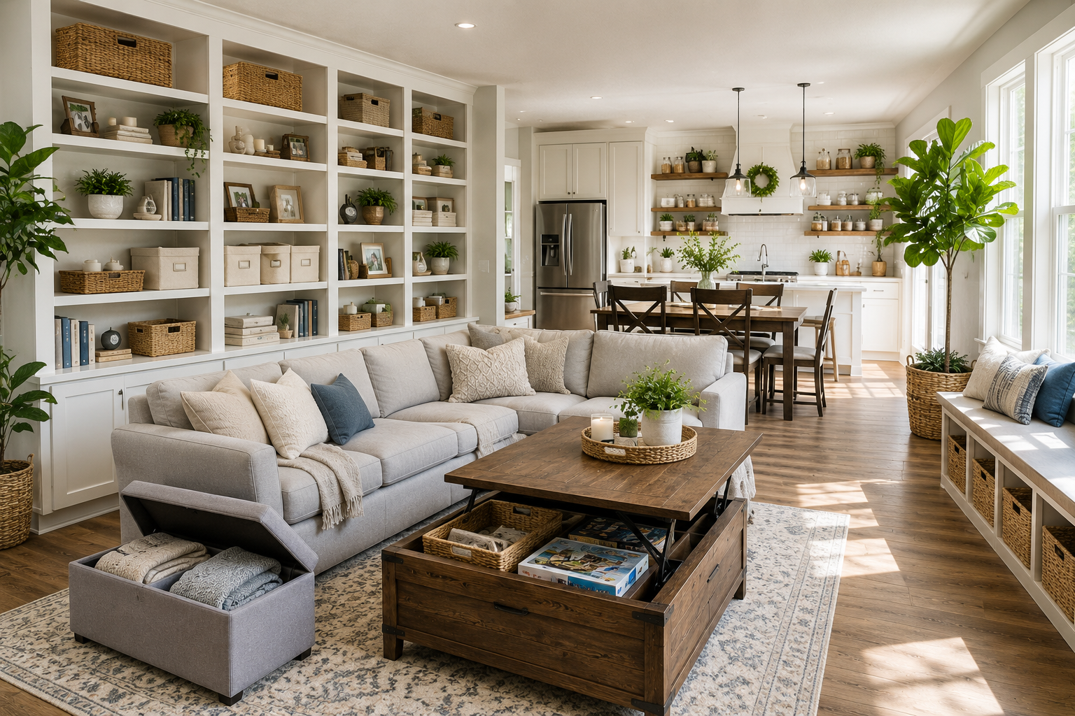 Home Storage Organization with neatly organized living room shelves, storage baskets, and clutter-free interior